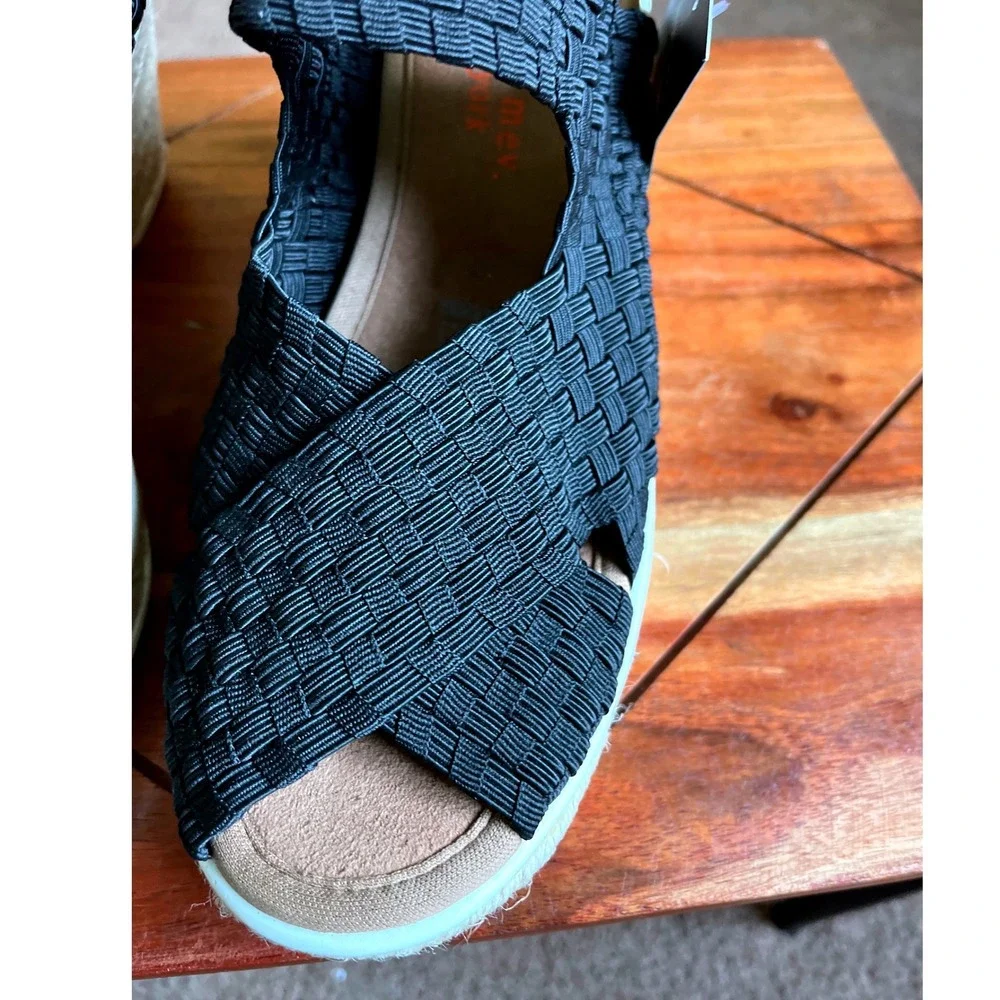 Bernie Mev Espa Buttercup Black Woven Elastic Espadrille Wedge Sandals Size 37/6